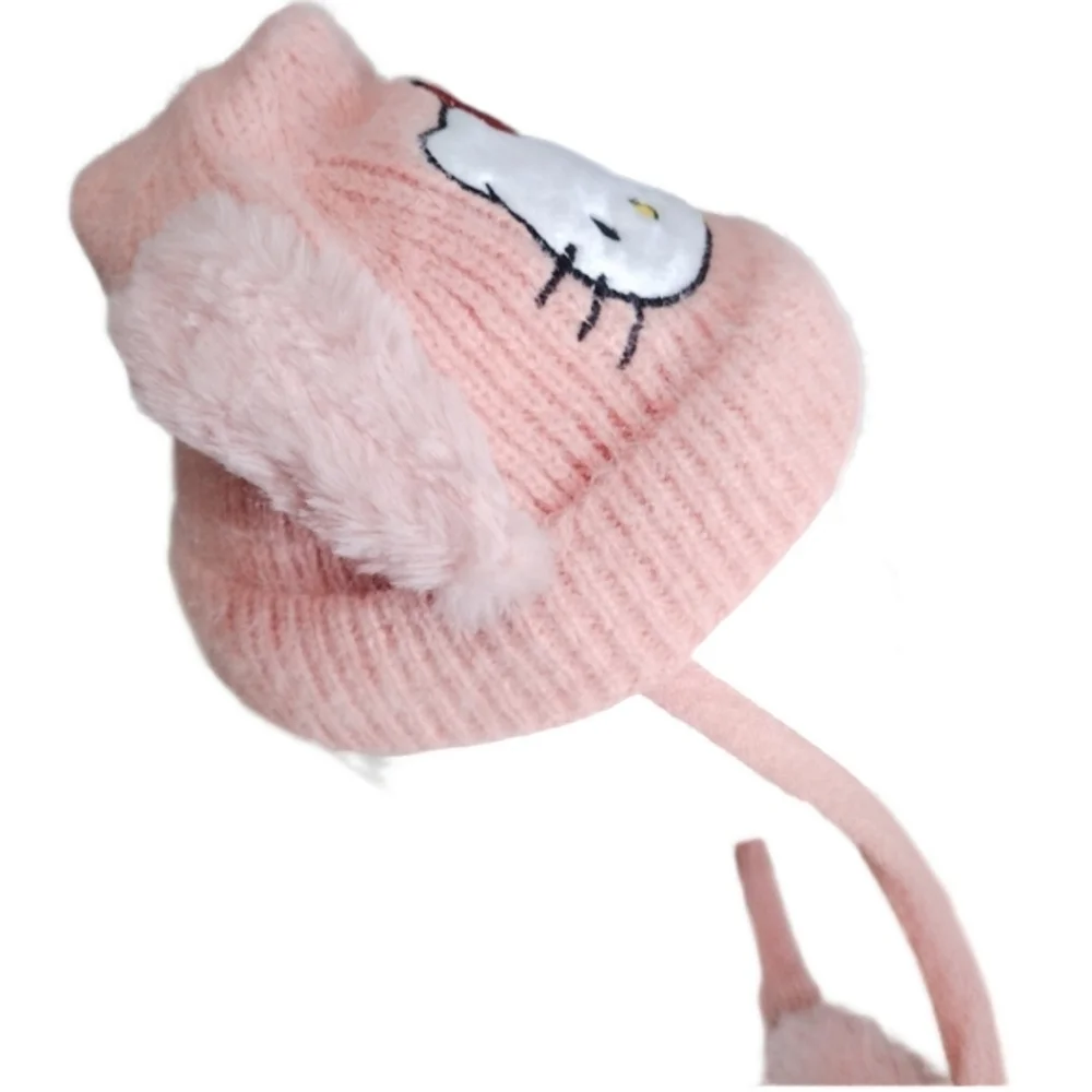 Hello Kitty Pink Knit Beanie with Pom Poms and Red Glitter Bow EARS MOVE! NEW!